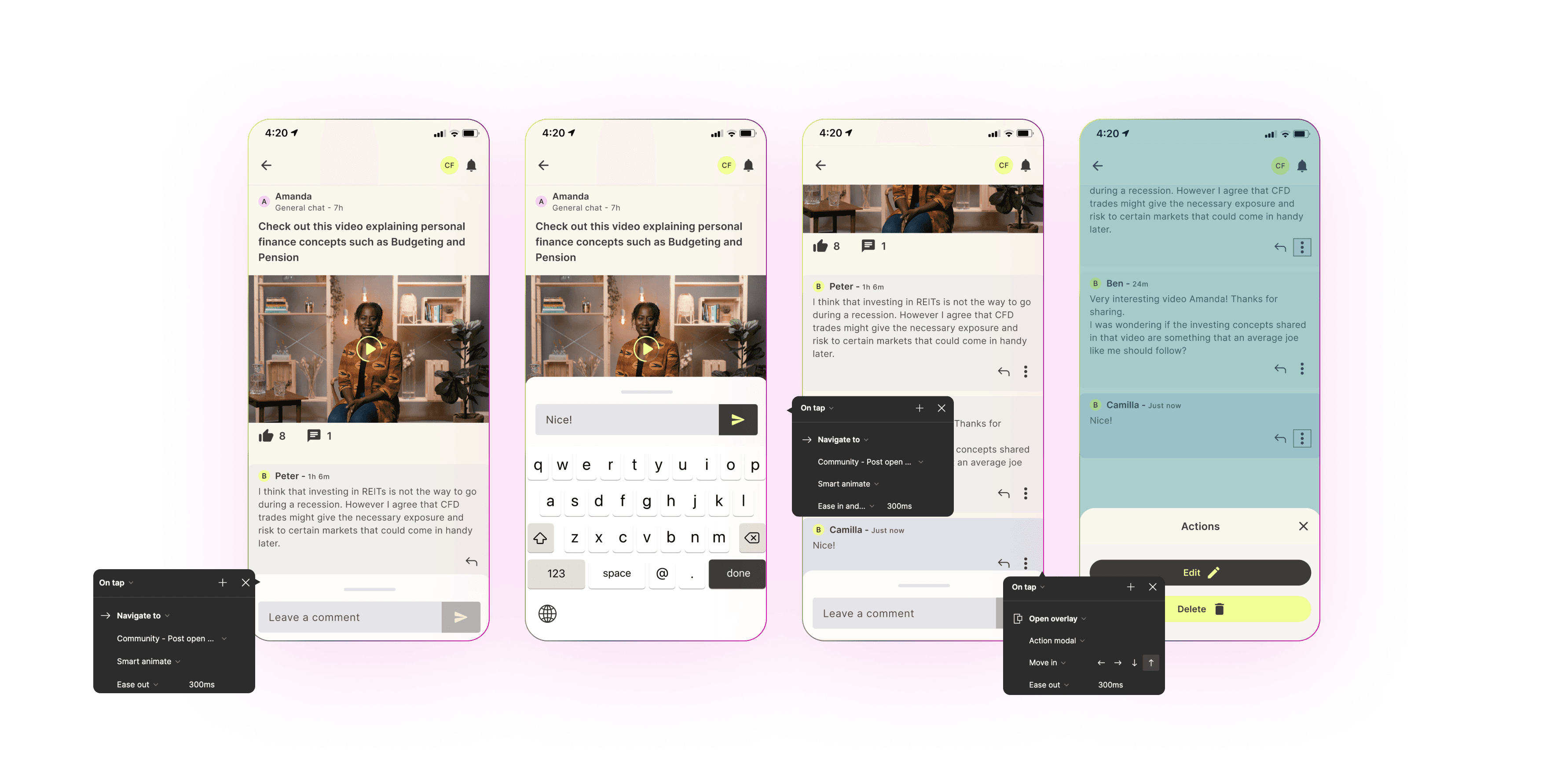 Community interaction screens: view post, make comment, posted comment, edit/delete