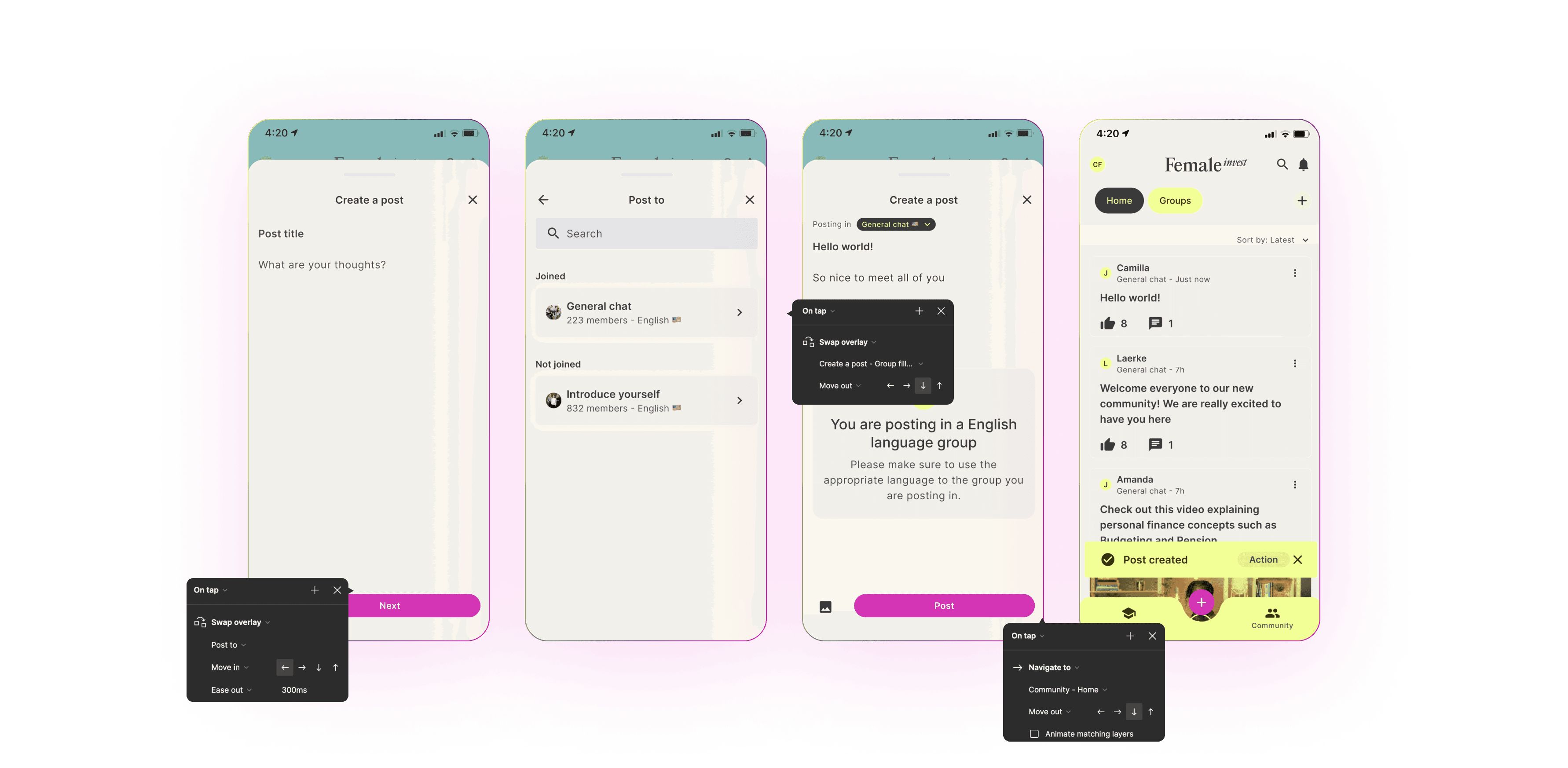 Create post flow: create post, select group, add content, success notification