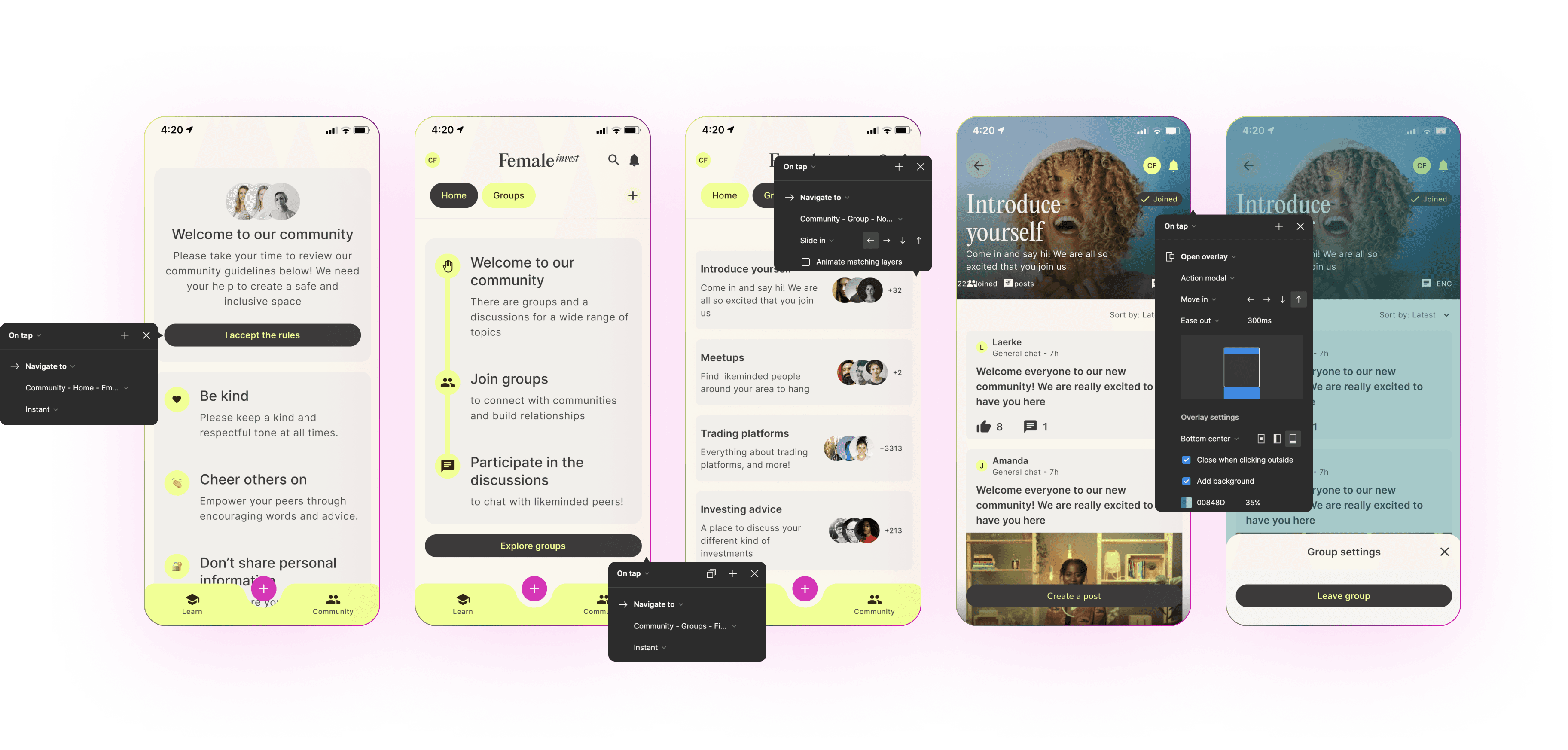 Groups flow: accept rules, explore groups, overview, view group, settings
