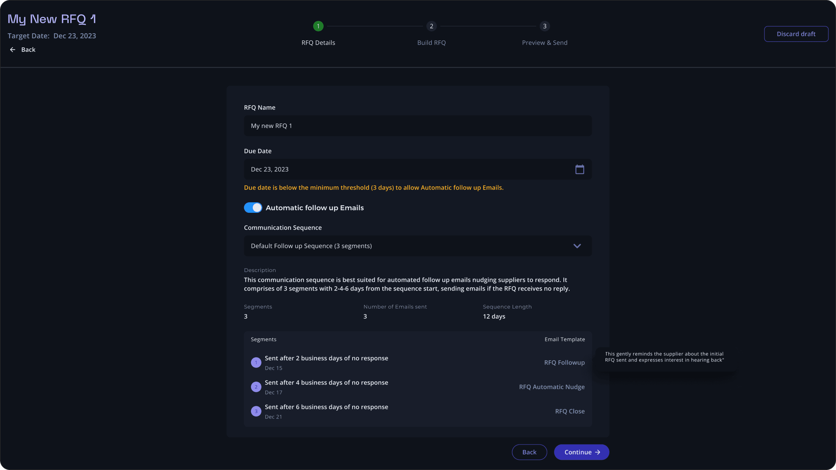 RFQ creation step 1 - Create new RFQ interface