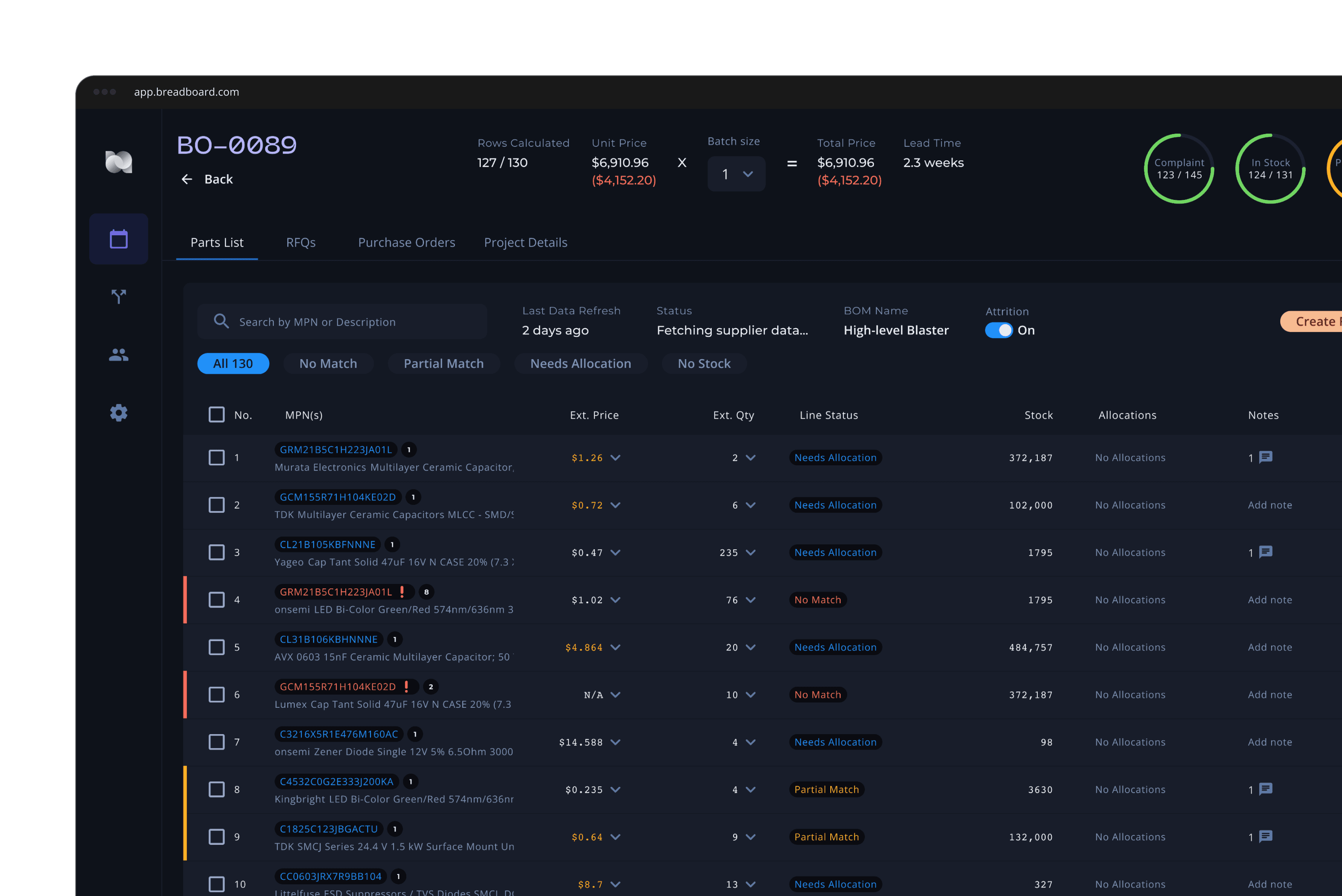 Breadboard Quote Automation Service product interface showing RFQ management dashboard