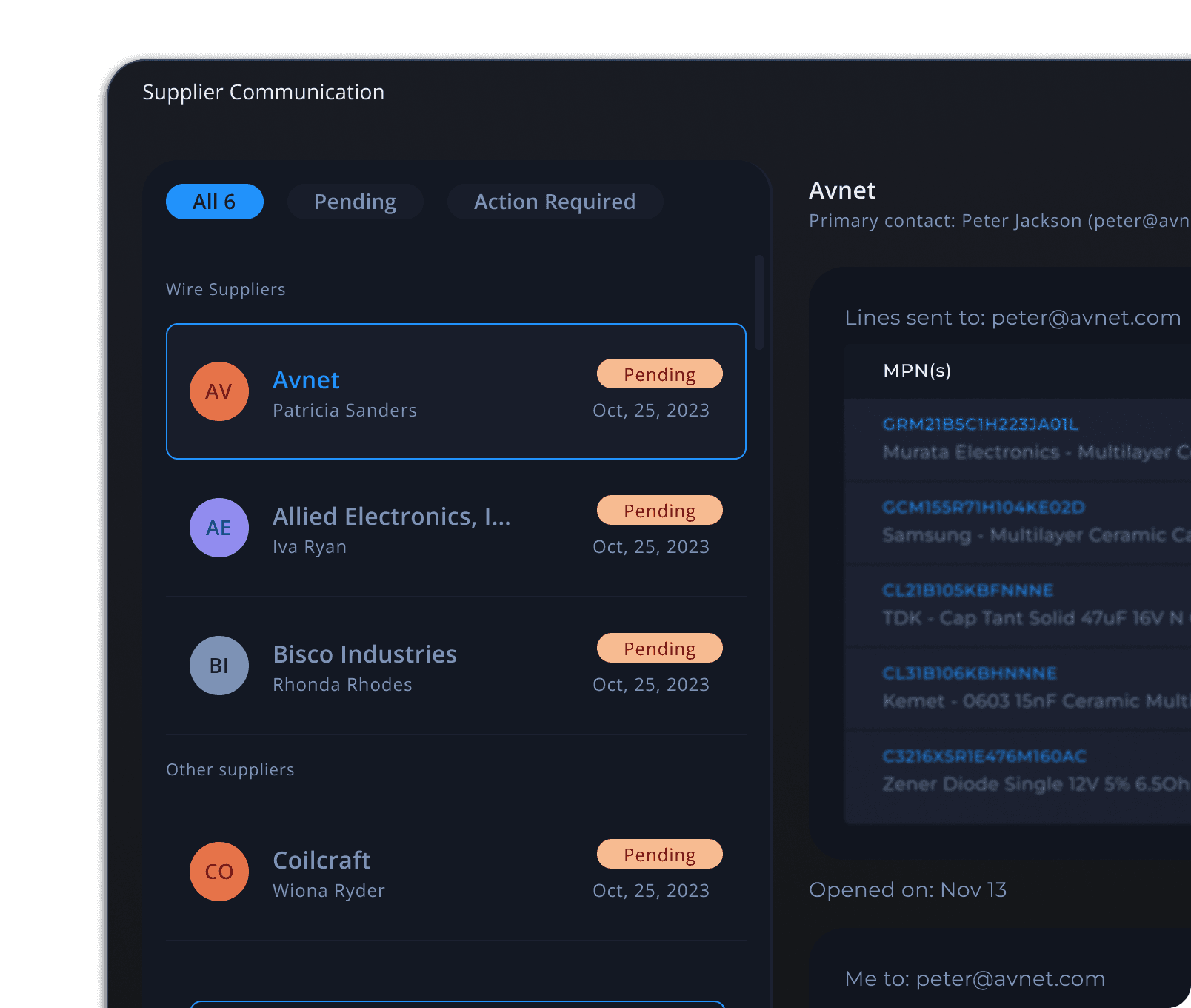 Supplier communication interface - Email conversation thread within Breadboard
