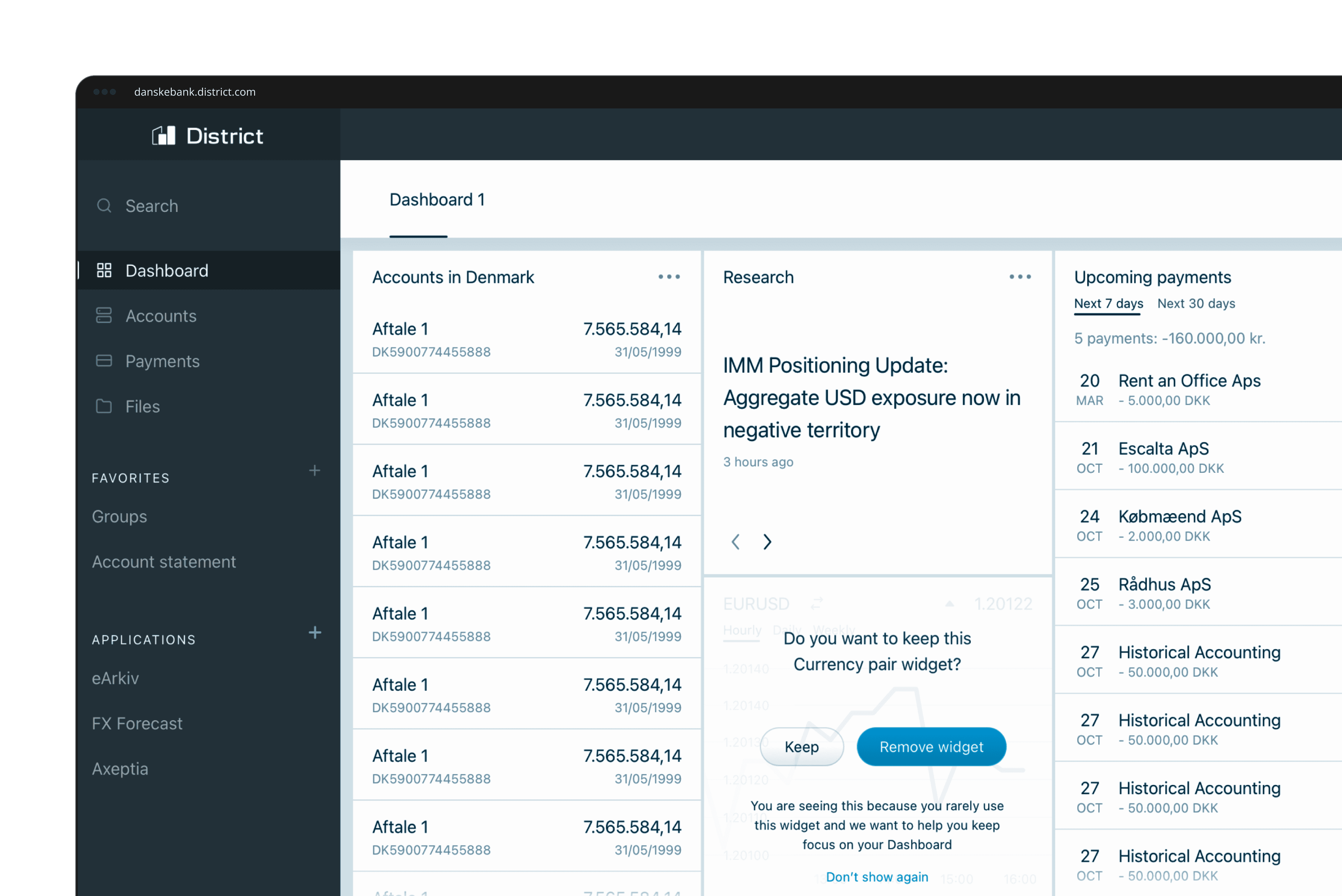 Danske Bank District platform showing simplified navigation redesign